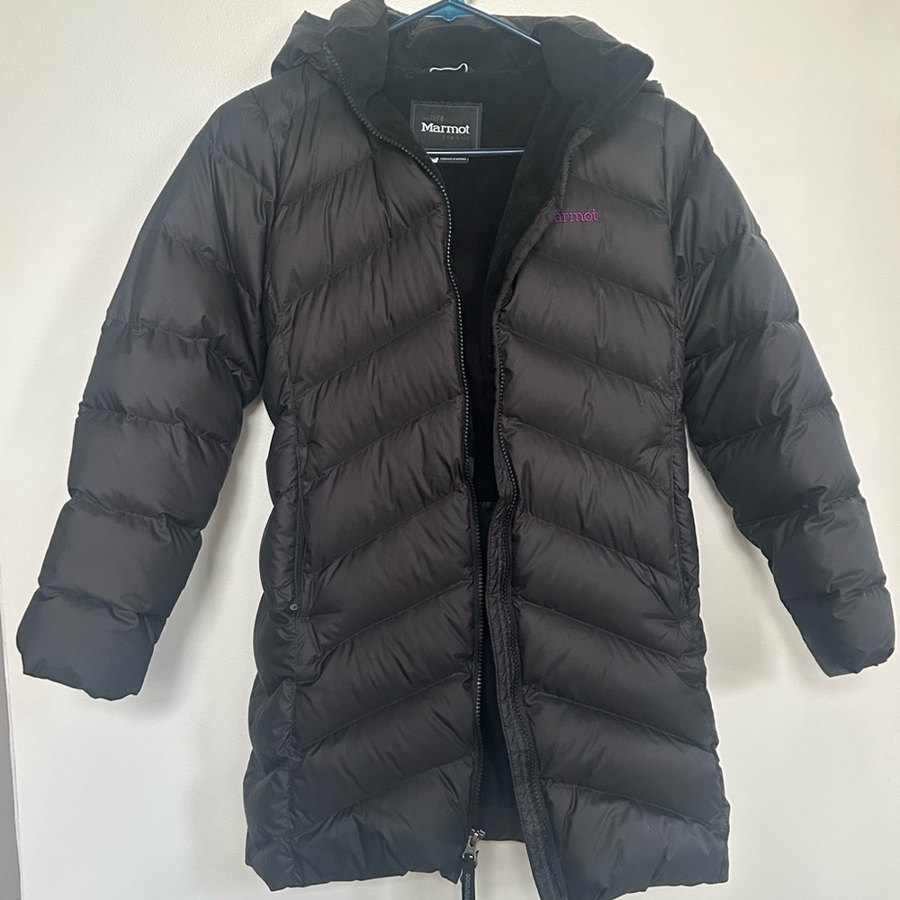 Marmot Kids Black Hooded Long Down Puffer Coat like montreaux Medium 7/8/9/10